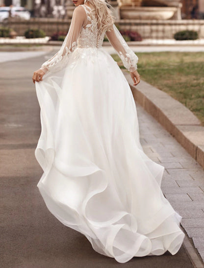 A-Line V Neck Long Sleeve Court Train Lace Bridal Gowns With Appliques Solid Color