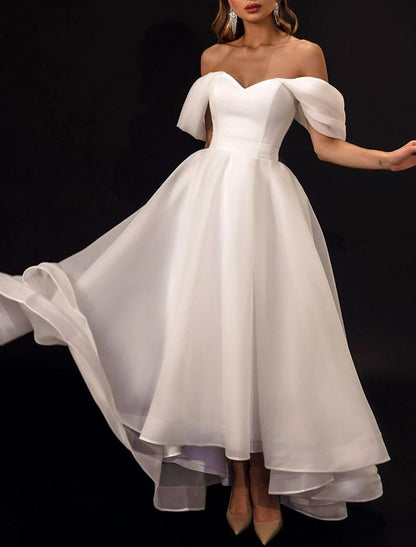A-Line Off Shoulder Cap Sleeve Asymmetrical Organza Bridal Gowns With