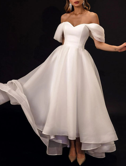 A-Line Off Shoulder Cap Sleeve Asymmetrical Organza Bridal Gowns With