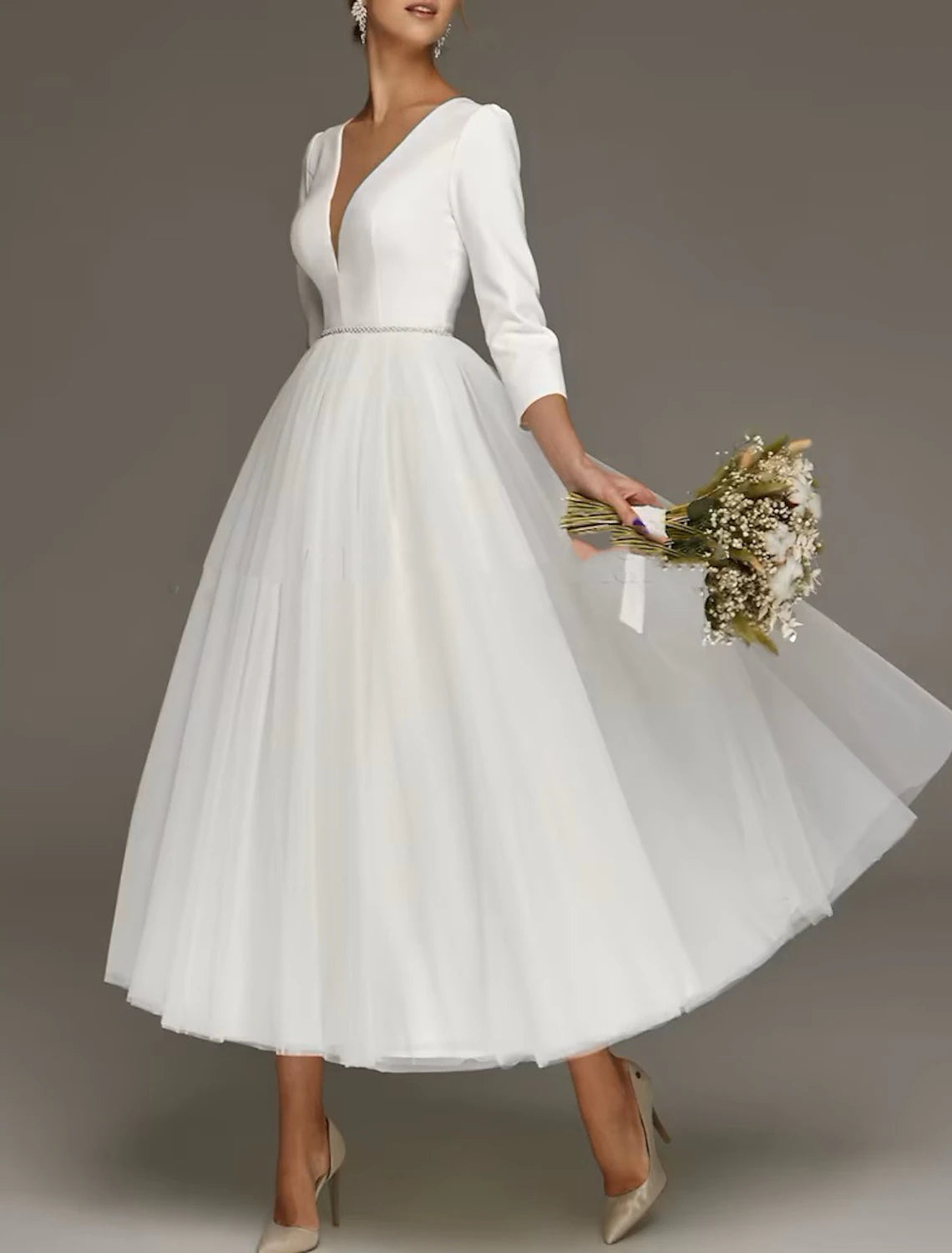 White Dresses Wedding Dresses A-Line V Neck 3/4 Length Sleeve Tea Length Satin Bridal Gowns With