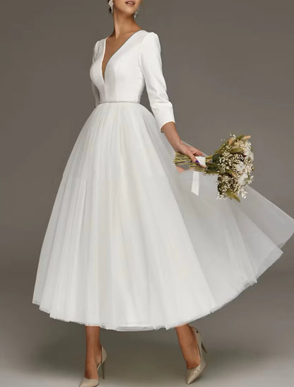 White Dresses Wedding Dresses A-Line V Neck 3/4 Length Sleeve Tea Length Satin Bridal Gowns With