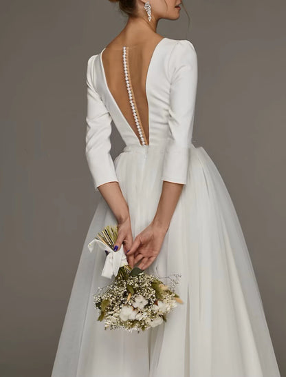 White Dresses Wedding Dresses A-Line V Neck 3/4 Length Sleeve Tea Length Satin Bridal Gowns With