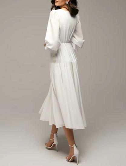White Dresses Wedding Dresses A-Line V Neck Sleeveless Tea Length Chiffon Bridal Gowns With