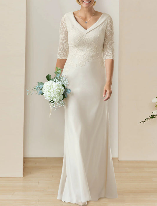 Mature Modest Wedding Dresses Sheath Column V Neck Half Sleeve Floor Length Chiffon Bridal Gowns With Appliques Solid Color