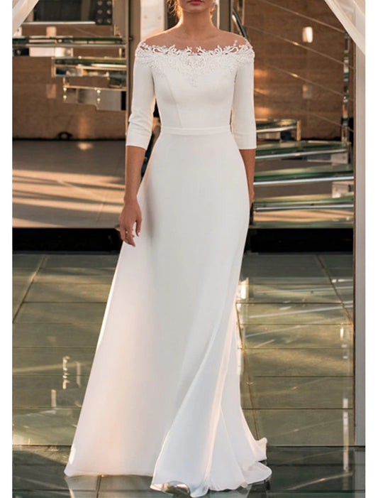 A-Line Off Shoulder 3/4 Length Sleeve Sweep Brush Train Lace Bridal Gowns With