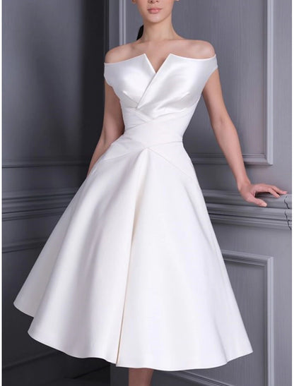 A-Line Off Shoulder Cap Sleeve Tea Length Satin Bridal Gowns With Pleats Solid Color
