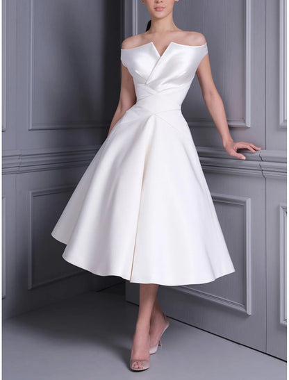 A-Line Off Shoulder Cap Sleeve Tea Length Satin Bridal Gowns With Pleats Solid Color