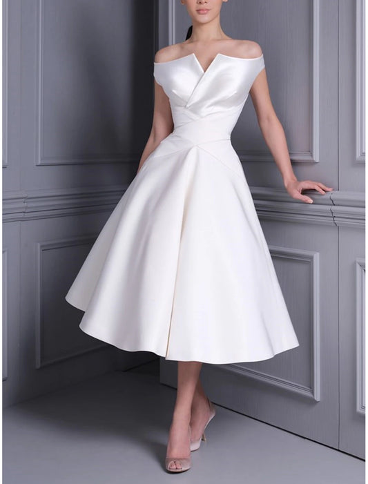 A-Line Off Shoulder Cap Sleeve Tea Length Satin Bridal Gowns With Pleats Solid Color
