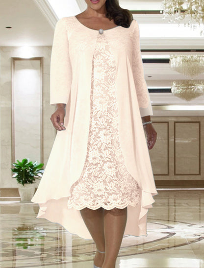 Two Piece A-Line Mother of the Bride Dress Wedding Guest Elegant Plus Size Jewel Neck Tea Length Chiffon Lace Short Sleeve Jacket Dresses with Solid Color