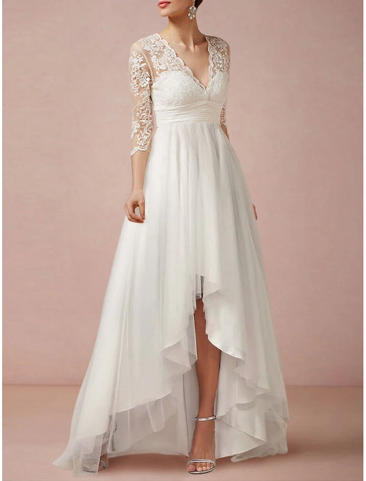 Mature Wedding Dresses Sheath Column V Neck 3/4 Length Sleeve Asymmetrical Chiffon Bridal Gowns With Pleats Ruched