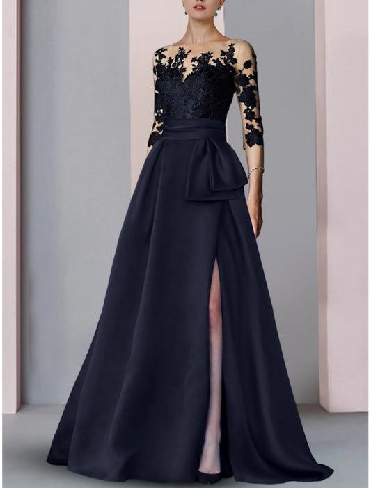 A-Line Evening Gown High Split Dress Formal Fall Sweep / Brush Train Half Sleeve Illusion Neck Satin with Slit Embroidery