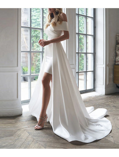 White Dresses Wedding Dresses Two Piece Off Shoulder Short Sleeve Sweep Brush Train Satin Bridal Suits Bridal Gowns With Ruched