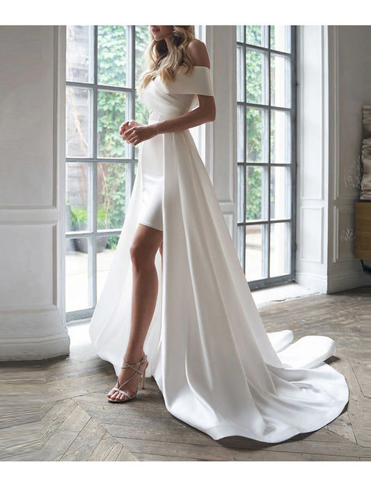 White Dresses Wedding Dresses Two Piece Off Shoulder Short Sleeve Sweep Brush Train Satin Bridal Suits Bridal Gowns With Ruched