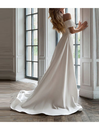 White Dresses Wedding Dresses Two Piece Off Shoulder Short Sleeve Sweep Brush Train Satin Bridal Suits Bridal Gowns With Ruched