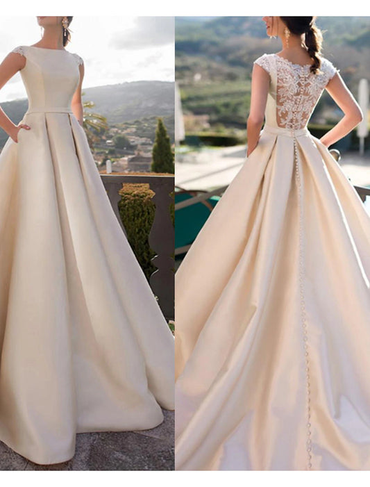 A-Line Scoop Neck Sleeveless Court Train Satin Bridal Gowns With Pearls Appliques