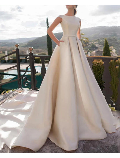 A-Line Scoop Neck Sleeveless Court Train Satin Bridal Gowns With Pearls Appliques