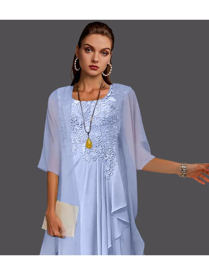 Two Piece A-Line Mother of the Bride Dress Wedding Guest Elegant Scoop Neck Knee Length Chiffon Lace Sleeveless Jacket Dresses