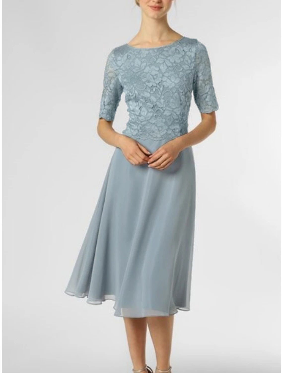 A-Line Mother of the Bride Dress Wedding Guest Elegant Petite Scoop Neck Knee Length Chiffon Half Sleeve with Pleats Solid Color