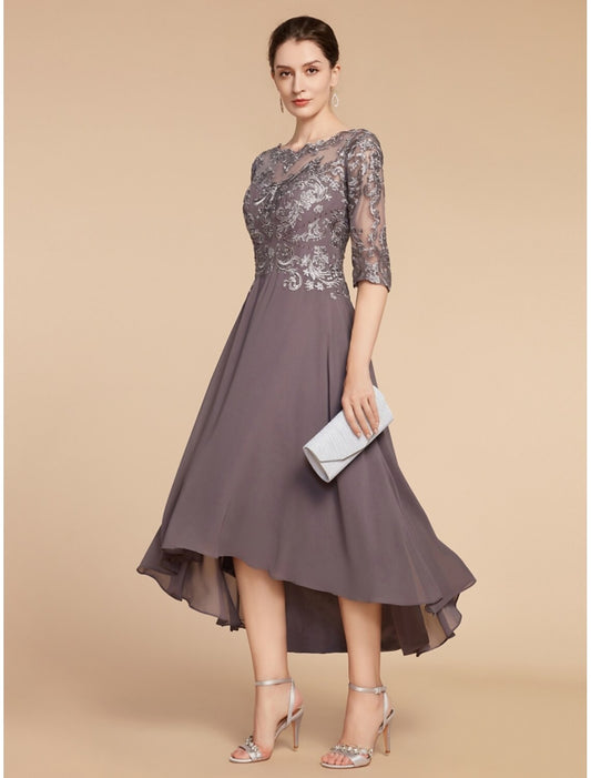 A-Line Mother of the Bride Dress Wedding Guest Elegant Vintage Scoop Neck Asymmetrical Chiffon Lace Half Sleeve with Ruching Solid Color