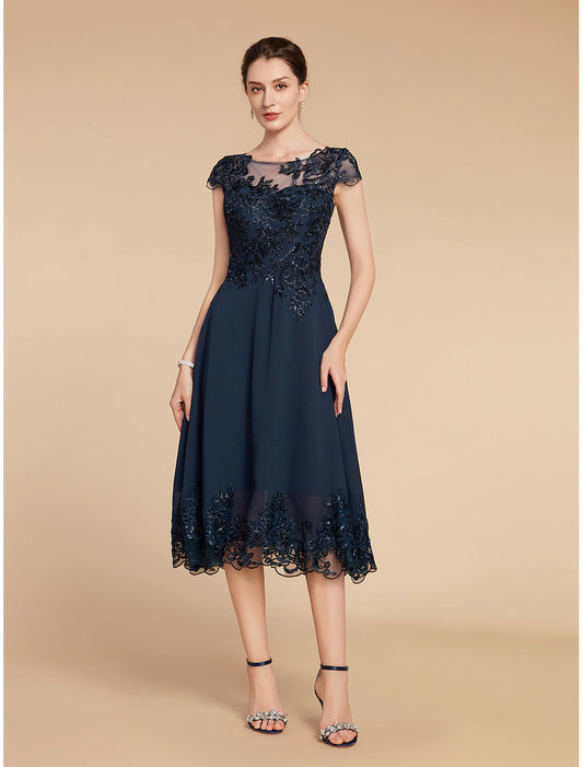 A-Line Mother of the Bride Dress Formal Wedding Guest Elegant Vintage Scoop Neck Tea Length Lace 3/4 Length Sleeve with Sequin Appliques