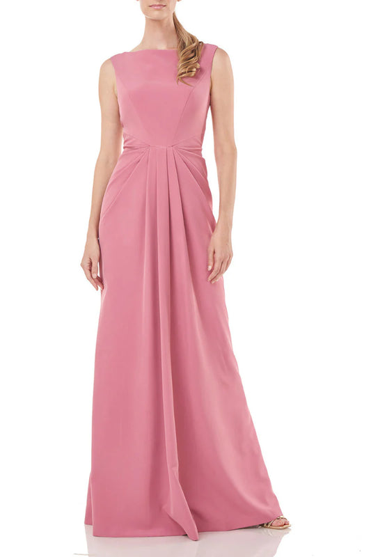 Boat Neck Sleeveless Pleated Front Zipper Back Solid Stretch Crepe Prom Dress