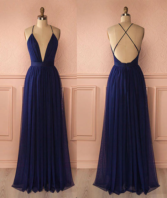 V neck dark blue tulle long prom dress Evening dress