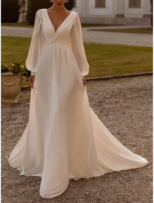 Formal Wedding Dresses A-Line V Neck Long Sleeve Court Train Chiffon Bridal Gowns With Pleats Ruched