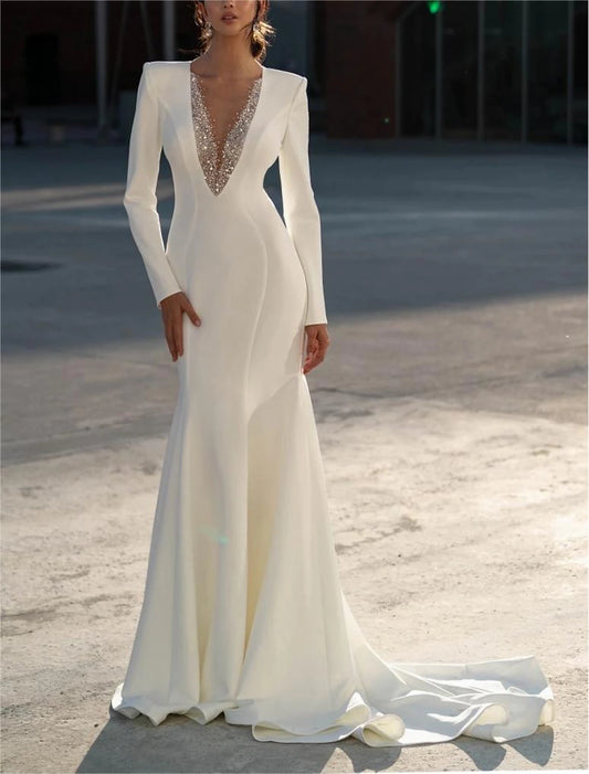Formal Wedding Dresses Mermaid Trumpet V Neck Long Sleeve Sweep Brush Train Chiffon Bridal Gowns With Beading Solid Color