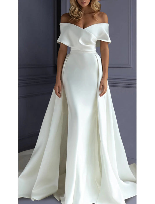 Beach Formal Wedding Dresses Mermaid Trumpet Sweetheart Off Shoulder Sleeveless Sweep Brush Train Satin Bridal Gowns With Solid Color