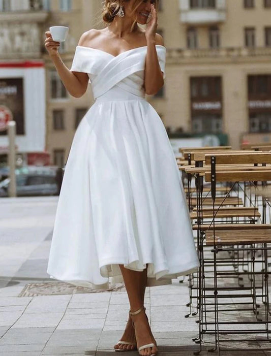 White Dresses Formal Wedding Dresses A-Line Off Shoulder Short Sleeve Tea Length Satin Bridal Gowns With