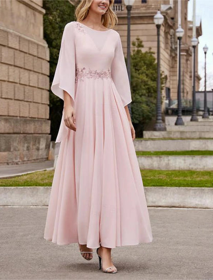 A-Line Mother of the Bride Dress Formal Wedding Guest Elegant Bateau Neck Ankle Length Chiffon 3/4 Length Sleeve with