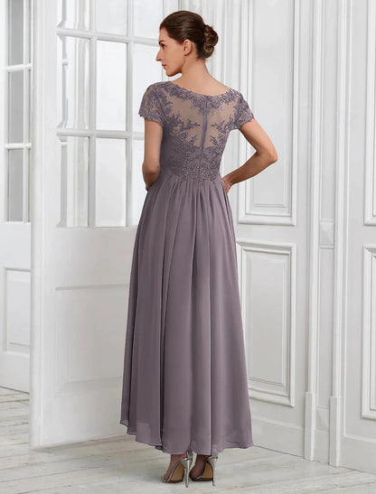Two Piece A-Line Mother of the Bride Dress Formal Wedding Guest Elegant V Neck Tea Length Chiffon Lace Short Sleeve Jacket Dresses with Pleats Appliques