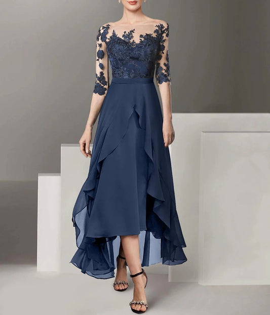 A-Line Mother of the Bride Dress Formal Wedding Guest Elegant High Low Off Shoulder Ankle Length Chiffon Lace Half Sleeve with