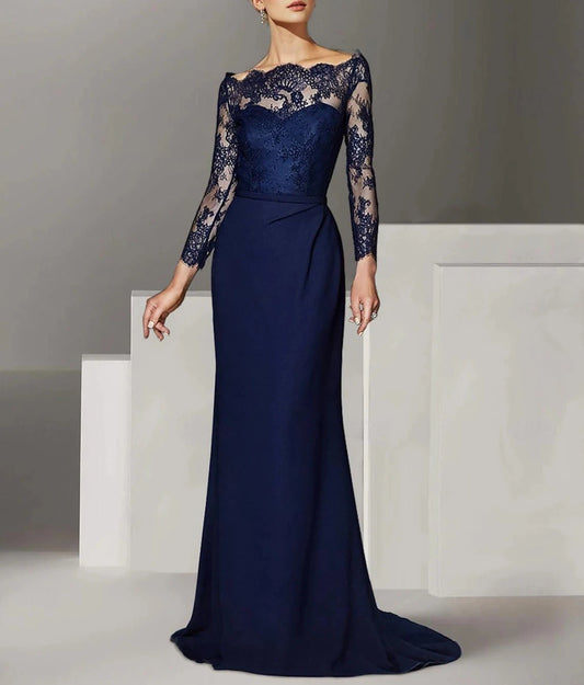 Mermaid / Trumpet Mother of the Bride Dress Formal Wedding Guest Elegant Off Shoulder Floor Length Lace Stretch Chiffon Long Sleeve with