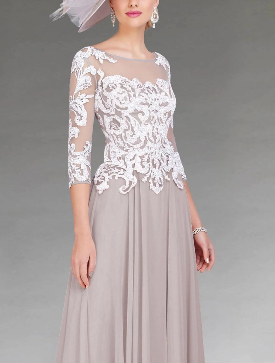 A-Line Mother of the Bride Dress Formal Wedding Guest Elegant Jewel Neck Asymmetrical Ankle Length Chiffon Lace 3/4 Length Sleeve with Appliques