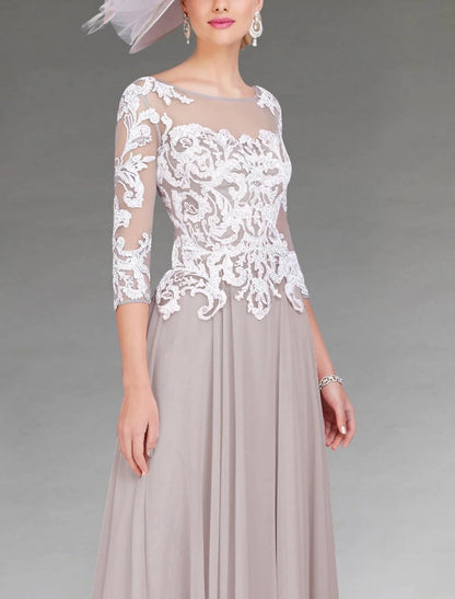 A-Line Mother of the Bride Dress Formal Wedding Guest Elegant Jewel Neck Asymmetrical Ankle Length Chiffon Lace 3/4 Length Sleeve with Appliques