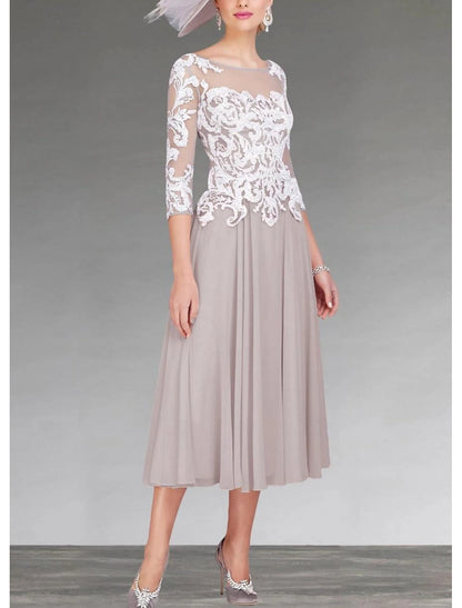 A-Line Mother of the Bride Dress Formal Wedding Guest Elegant Jewel Neck Asymmetrical Ankle Length Chiffon Lace 3/4 Length Sleeve with Appliques