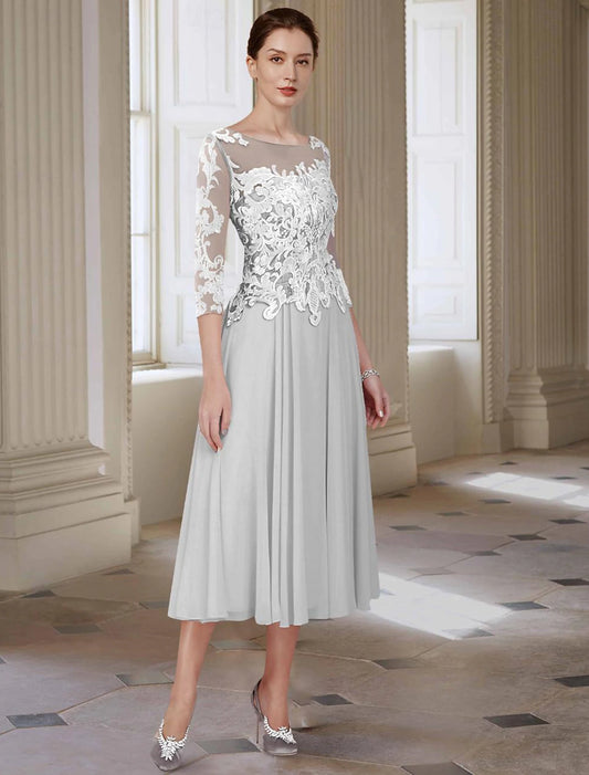 A-Line Mother of the Bride Dress Formal Wedding Guest Elegant Jewel Neck Asymmetrical Ankle Length Chiffon Lace 3/4 Length Sleeve with Appliques