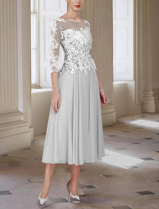 A-Line Mother of the Bride Dress Elegant Jewel Neck Asymmetrical Ankle Length Chiffon Lace 3/4 Length Sleeve with
