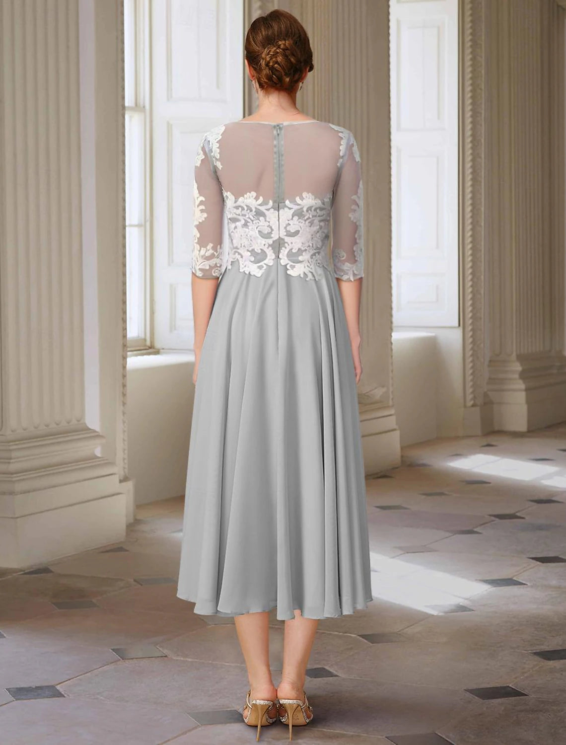 A-Line Mother of the Bride Dress Formal Wedding Guest Elegant Jewel Neck Asymmetrical Ankle Length Chiffon Lace 3/4 Length Sleeve with Appliques