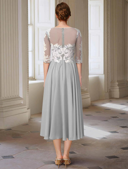 A-Line Mother of the Bride Dress Formal Wedding Guest Elegant Jewel Neck Asymmetrical Ankle Length Chiffon Lace 3/4 Length Sleeve with Appliques