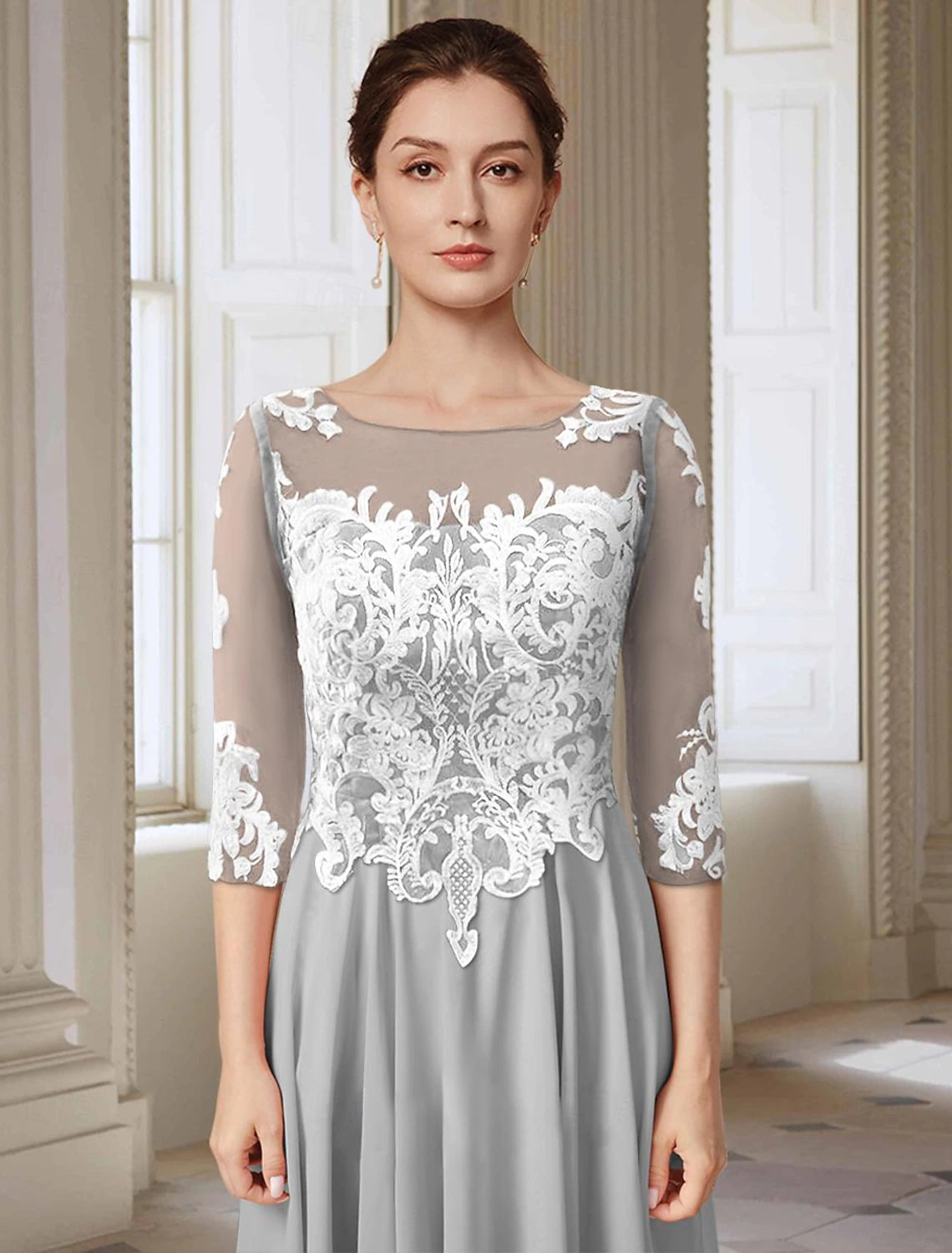 A-Line Mother of the Bride Dress Formal Wedding Guest Elegant Jewel Neck Asymmetrical Ankle Length Chiffon Lace 3/4 Length Sleeve with Appliques