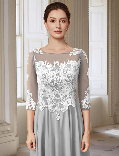 A-Line Mother of the Bride Dress Formal Wedding Guest Elegant Jewel Neck Asymmetrical Ankle Length Chiffon Lace 3/4 Length Sleeve with Appliques