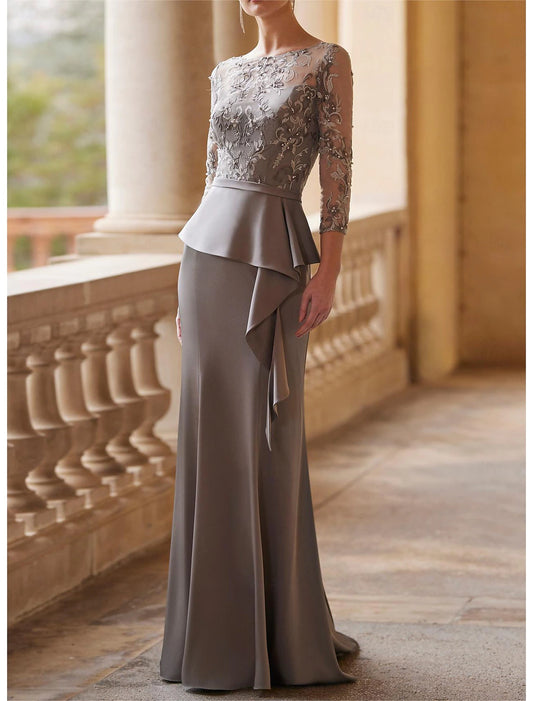 Mermaid / Trumpet Mother of the Bride Dress Wedding Guest Elegant Vintage Party Illusion Neck Floor Length Lace Stretch Fabric 3/4 Length Sleeve Half Sleeve with Sash / Ribbon Ruched Beading