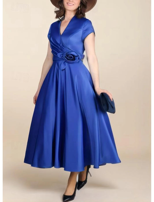 Ball Gown A-Line Mother of the Bride Dress Elegant Vintage Party V Neck Tea Length Satin Short Sleeve with Ruched Ruching Flower