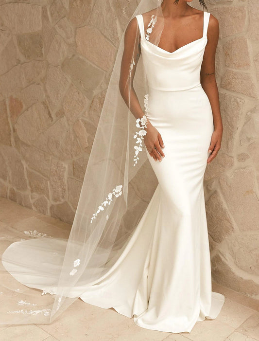 Wedding Dresses Sheath Column Camisole Spaghetti Strap Court Train Satin Bridal Gowns With Beading Solid Color