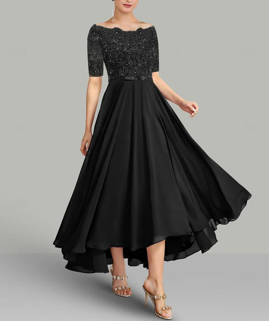 A-Line Mother of the Bride Dress Elegant High Low Off Shoulder Asymmetrical Chiffon Lace Half Sleeve with