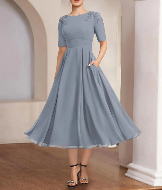 A-Line Mother of the Bride Dress Formal Elegant Bateau Neck Tea Length Chiffon Half Sleeve with