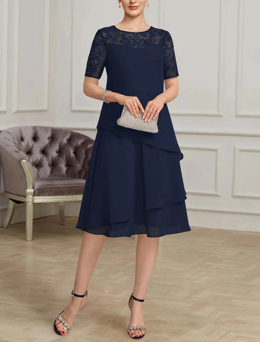 A-Line Mother of the Bride Dress Formal Elegant Jewel Neck Tea Length Chiffon Short Sleeve with