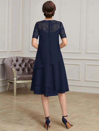 A-Line Mother of the Bride Dress Formal Elegant Jewel Neck Tea Length Chiffon Short Sleeve with